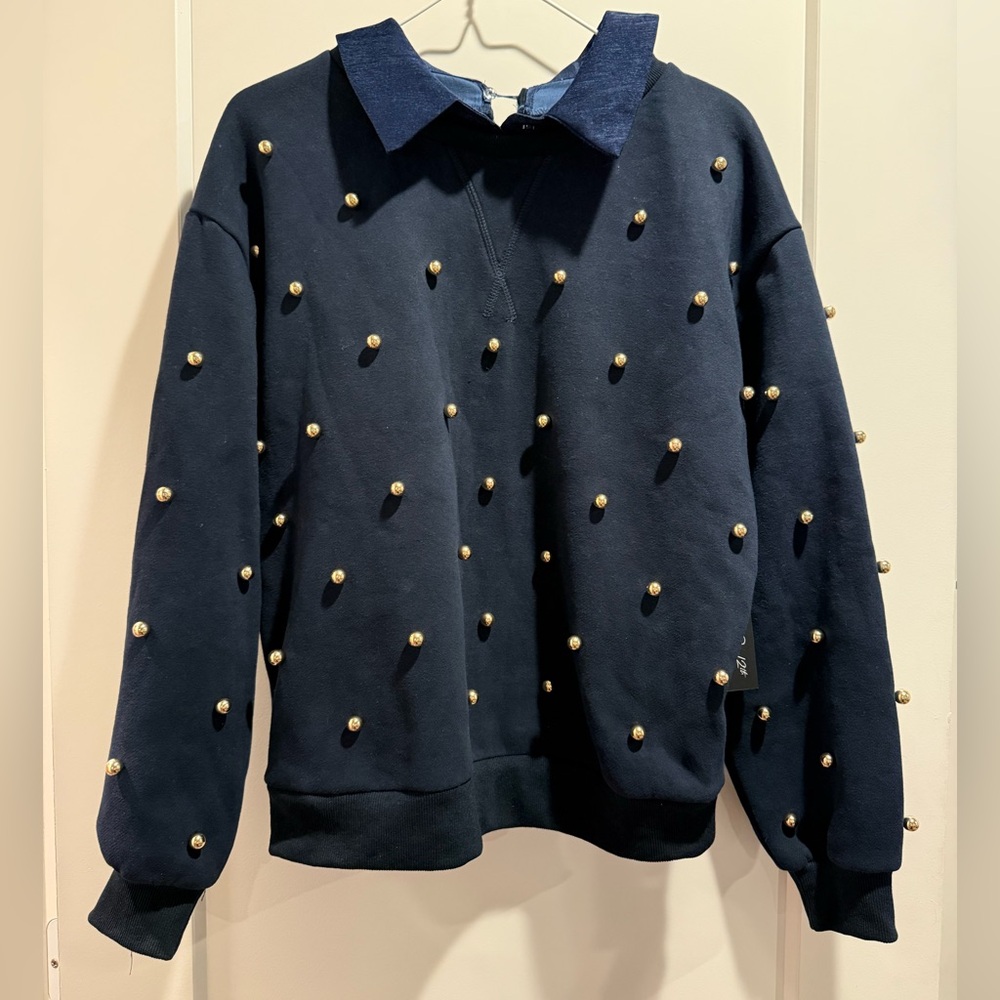 On 12th Pearl-Embellished Navy Collared Pullover Sweatshirt Size M
